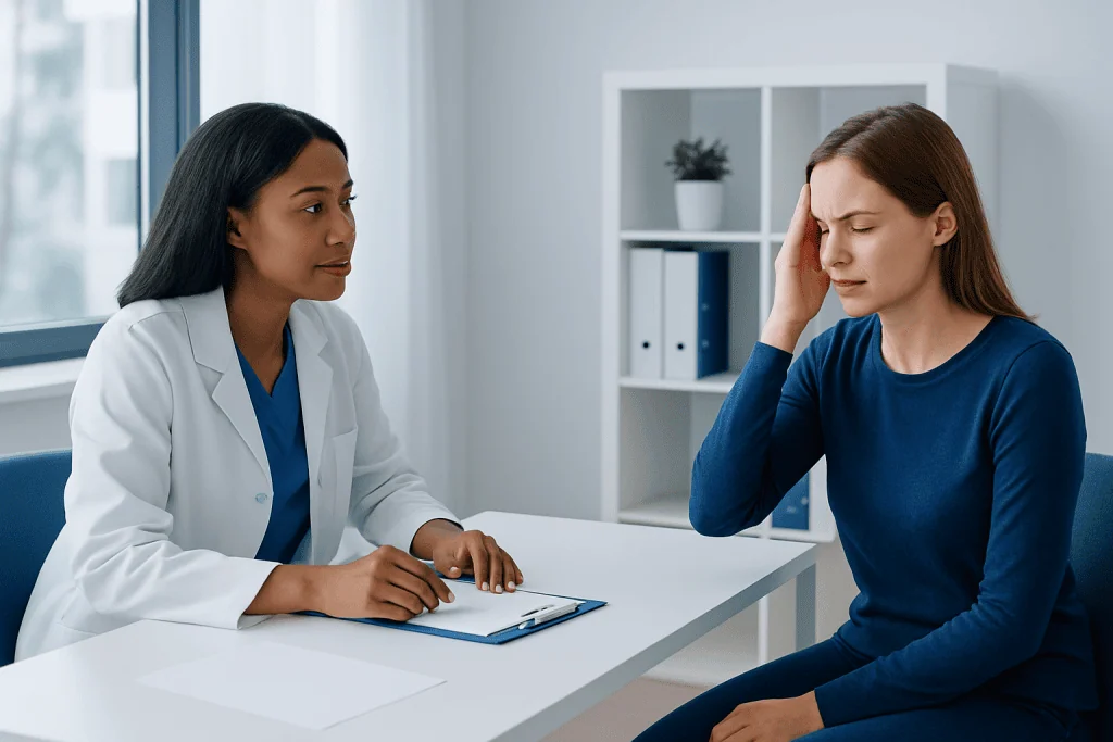 Doctor consulting with a patient experiencing headache symptoms.