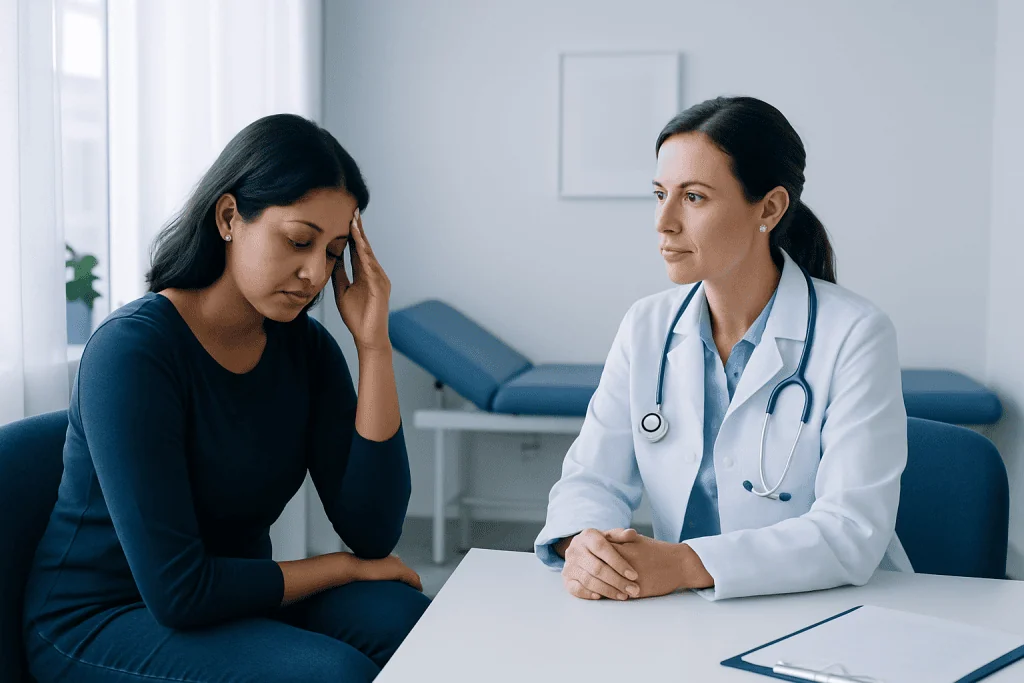 Doctor consulting with a patient experiencing stress or brain fog in a medical office.