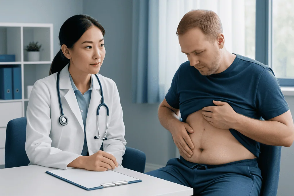 Doctor consulting with patient about abdomen after open surgery.