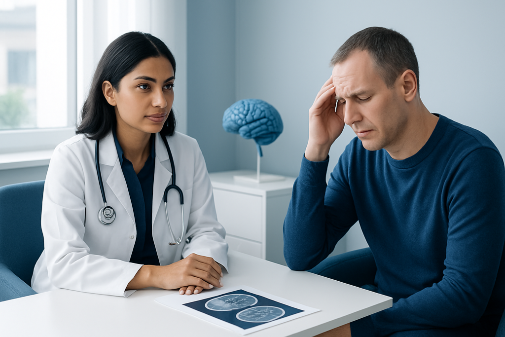Doctor consulting with a patient about neurological symptoms in a clinic setting.