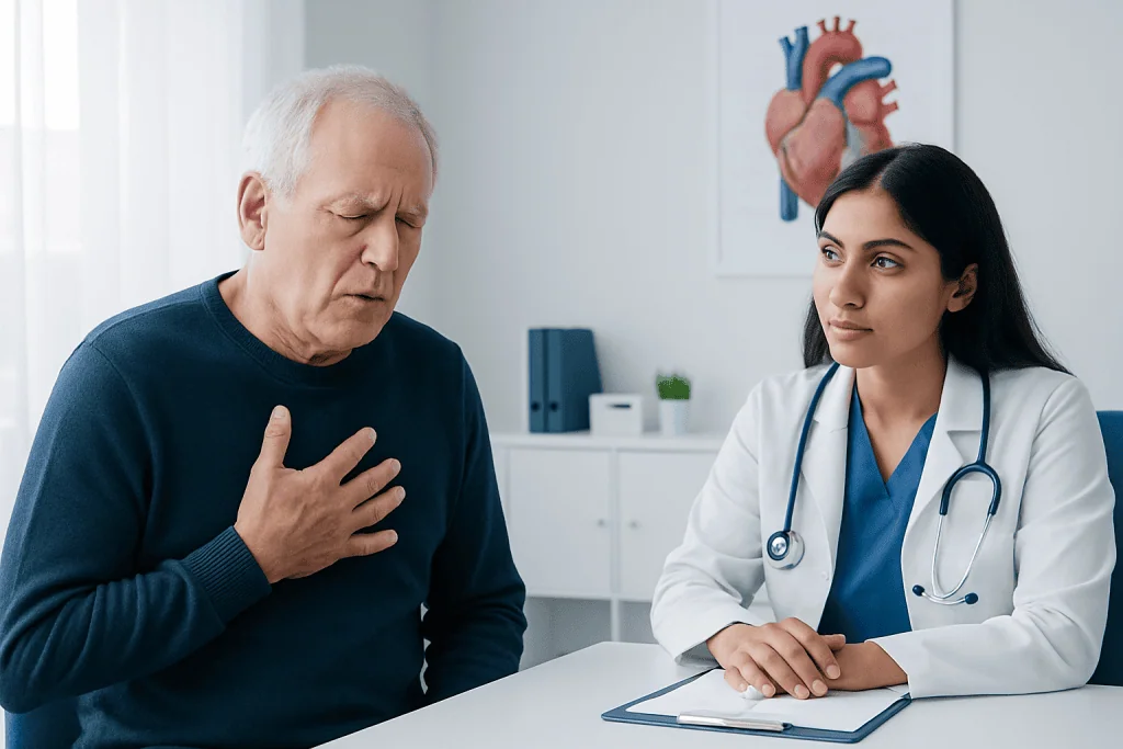 Doctor consulting with an elderly man about heart health symptoms.