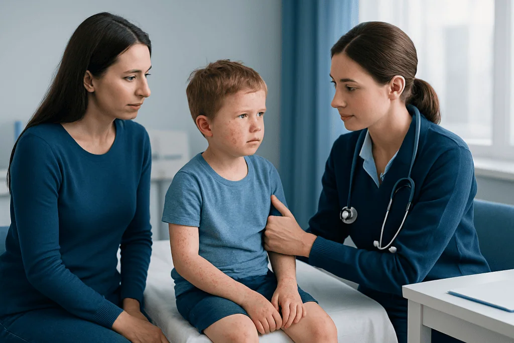 Pediatric doctor examining a young boy with parents present in a clinic setting.