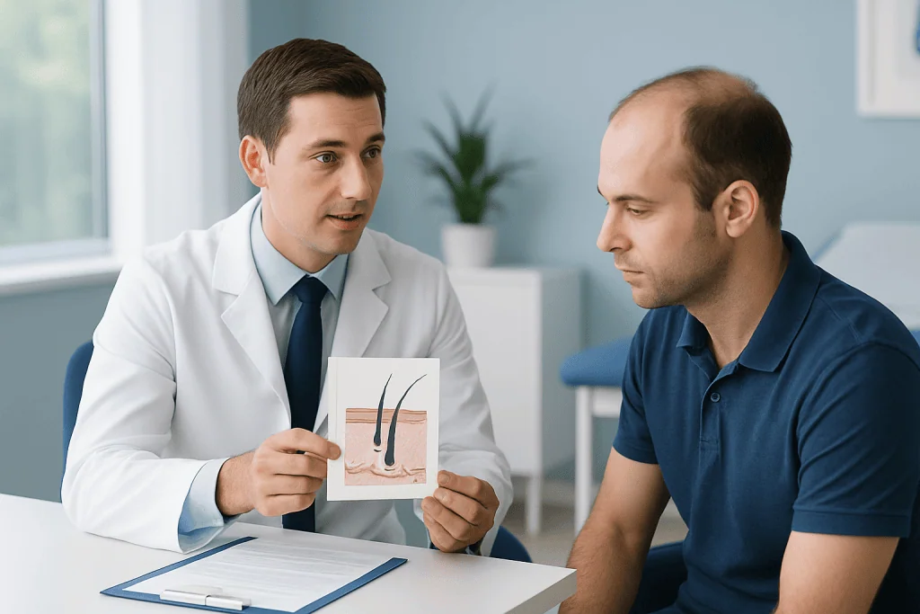 Doctor explains hair transplant options to patient with scalp diagram.