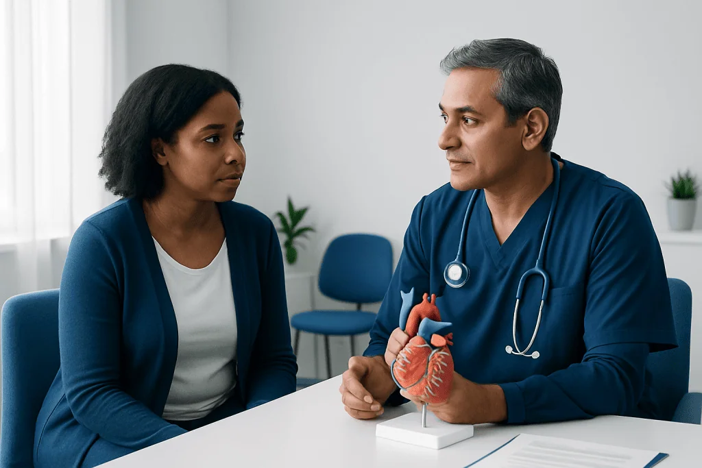 Doctor explaining heart health to a patient with a heart model.