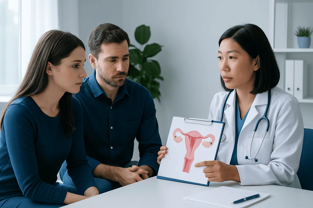 Doctor explaining uterine health to a couple in a consultation room.