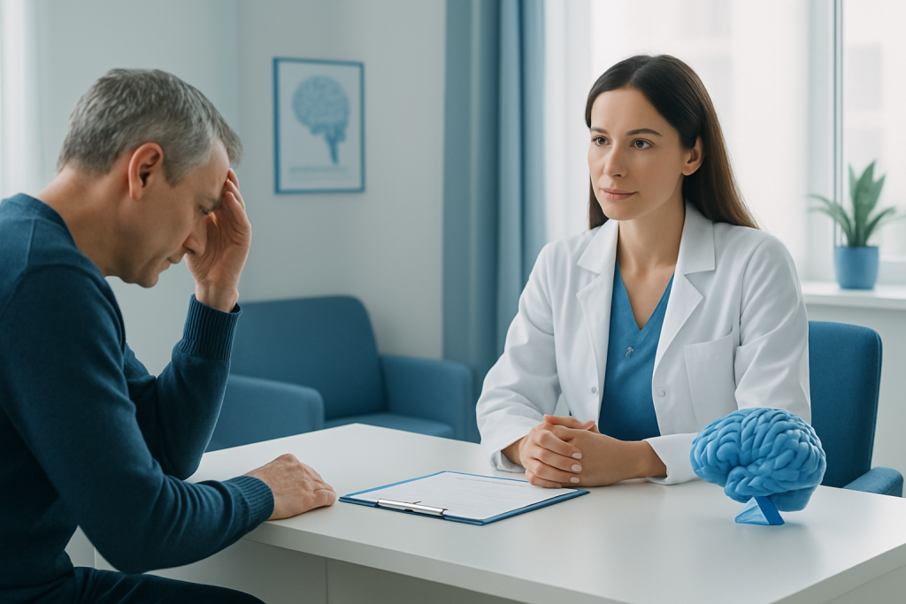 Doctor consulting with patient about memory issues in a clinical setting.