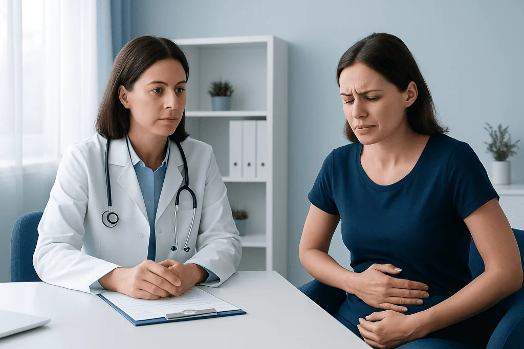 Doctor consulting with a woman patient experiencing stomach pain.