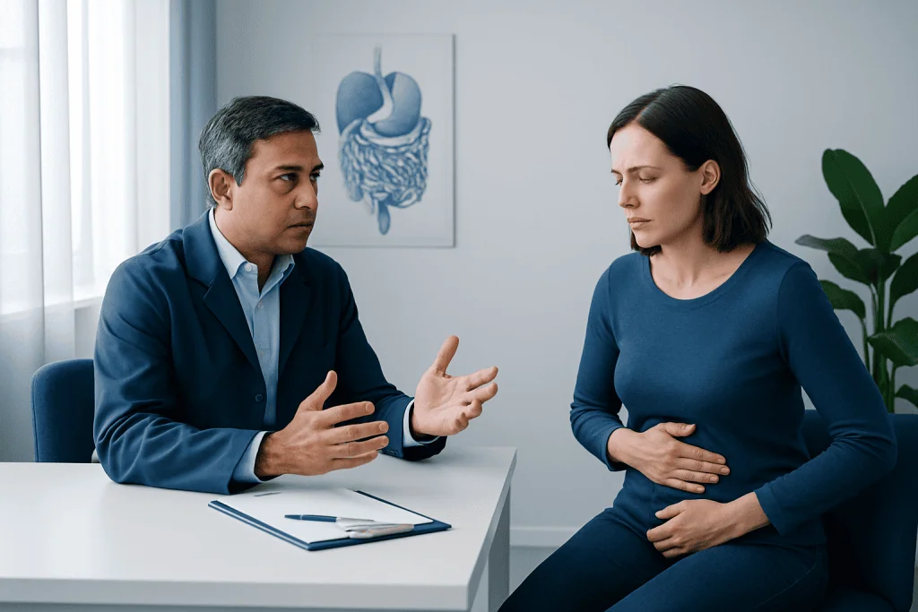 Doctor consulting with a woman patient about digestive health issues.