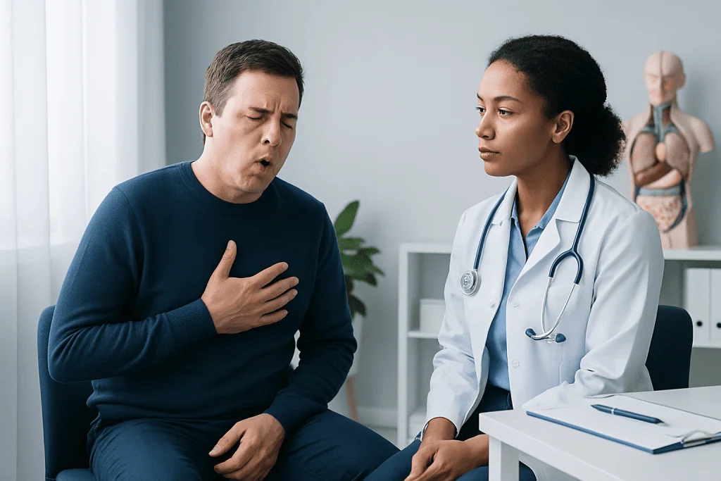 Patient experiencing chest discomfort during medical consultation at Acibadem Hospital.