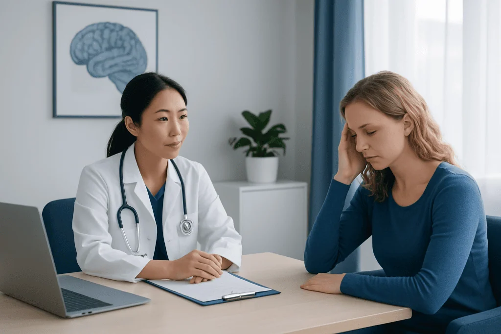Doctor consulting with a young woman about health concerns in a medical office.