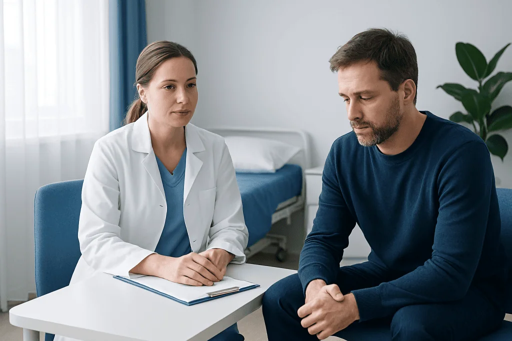 Doctor counseling a male patient in a clinical setting.