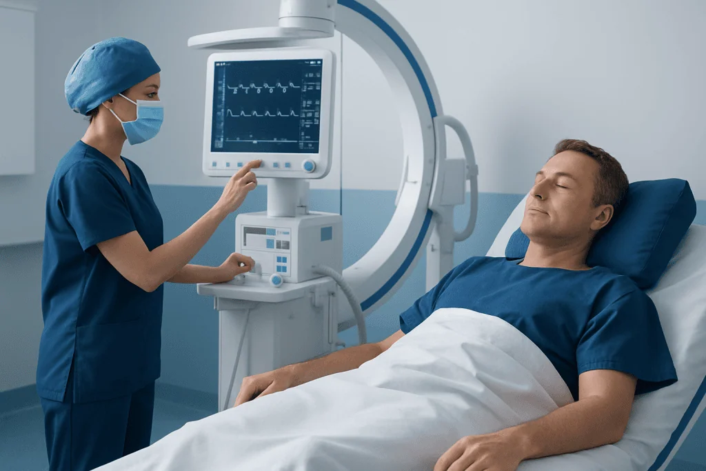 Patient undergoing diagnostic imaging in a hospital setting.