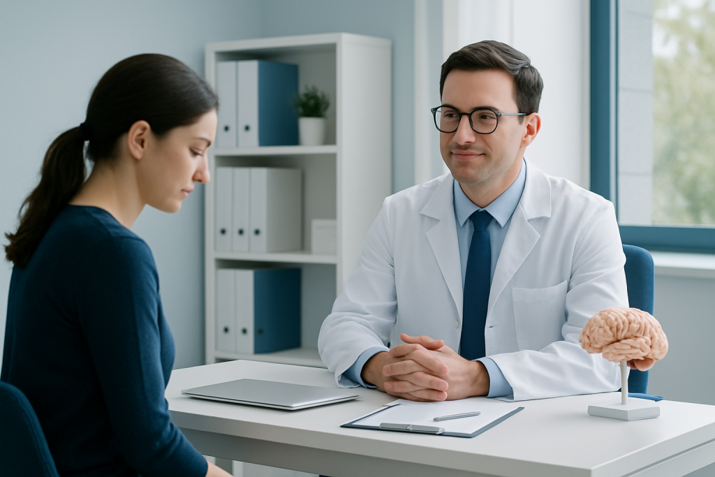 Neuropsychiatrist consulting with a patient in a modern clinic setting.