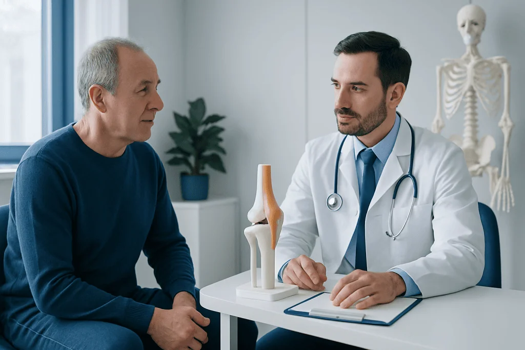 Orthopedic consultation with a doctor and patient discussing joint health.