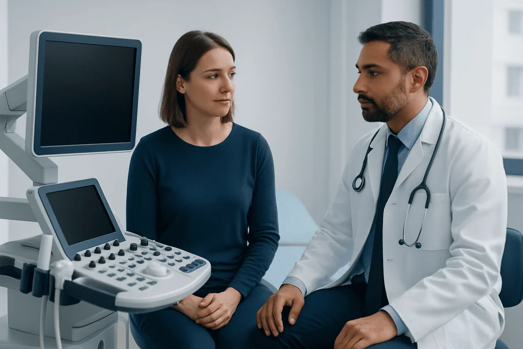 Endocrinologist consulting with a female patient in a medical office.
