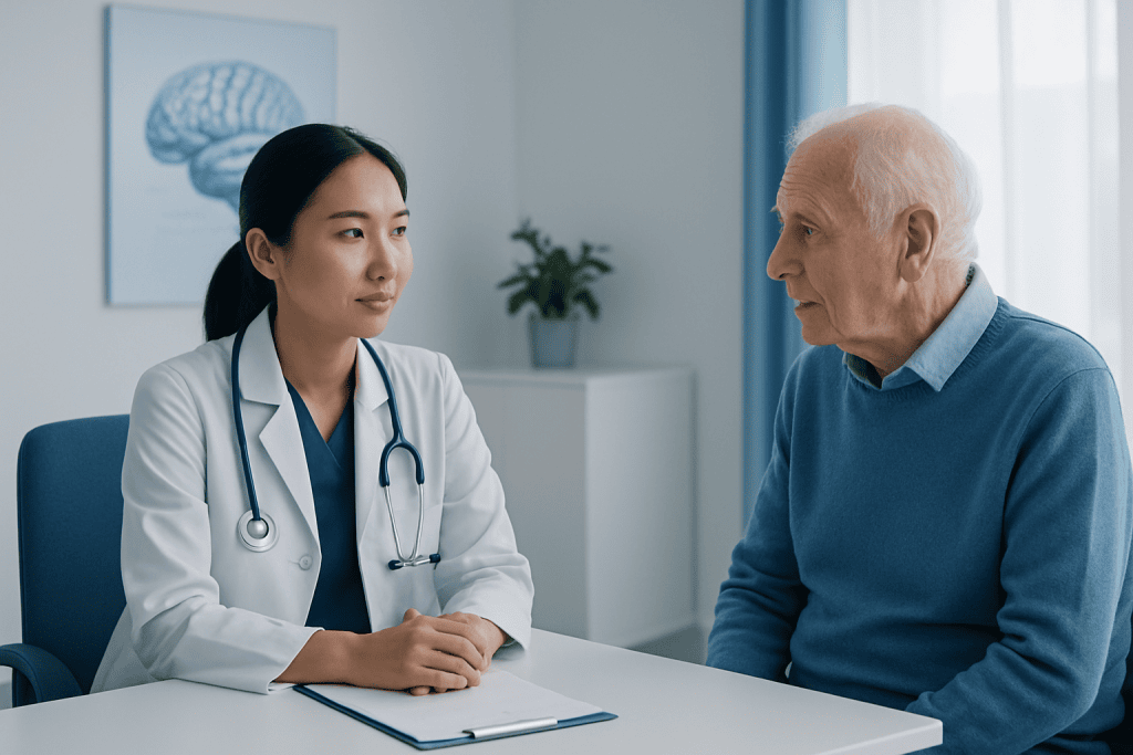 Doctor consulting an elderly patient about neurological health in a clinic.