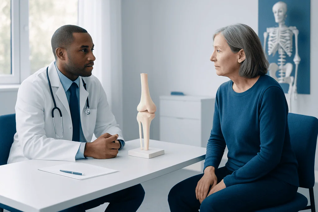Doctor consulting with an elderly woman about knee health in a medical office.