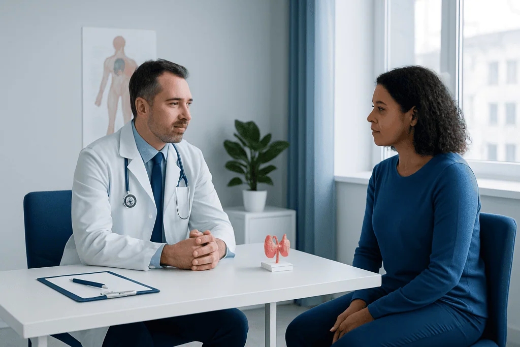 Endocrinologist consulting with a patient in a modern clinic setting.