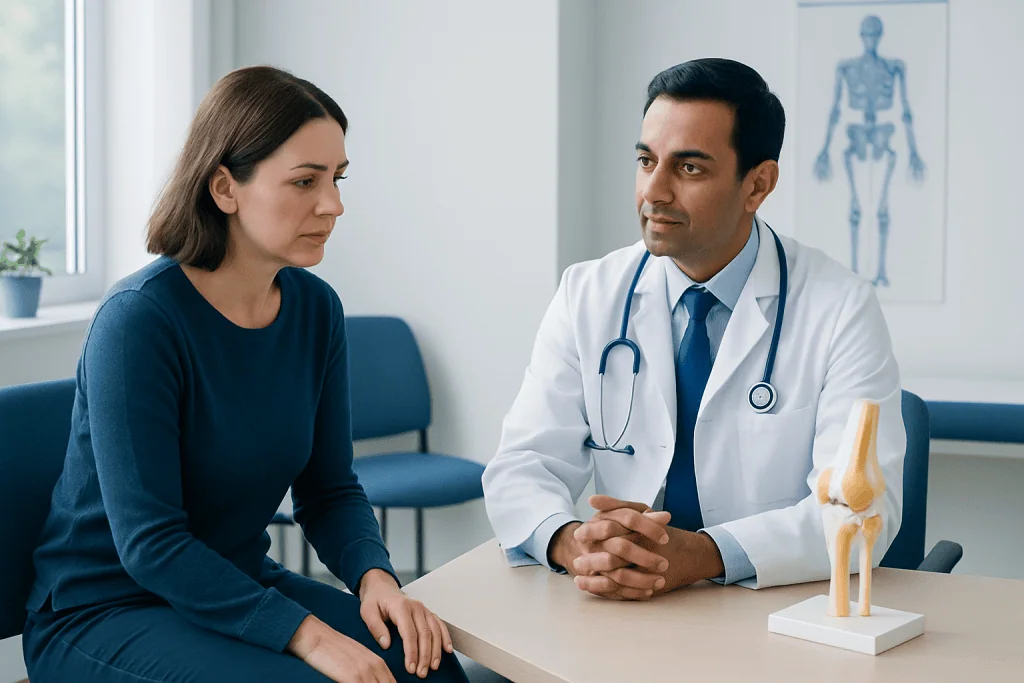 Orthopedic consultation with a doctor and patient discussing knee health.