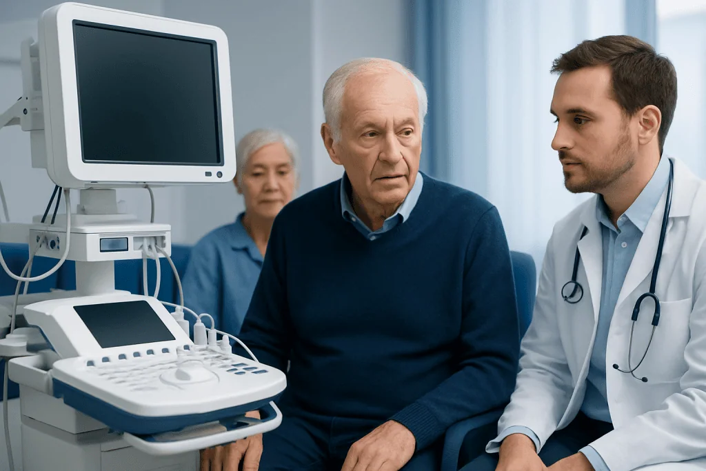Geriatric neurology consultation at Acibadem Hospital with doctor and elderly patient.