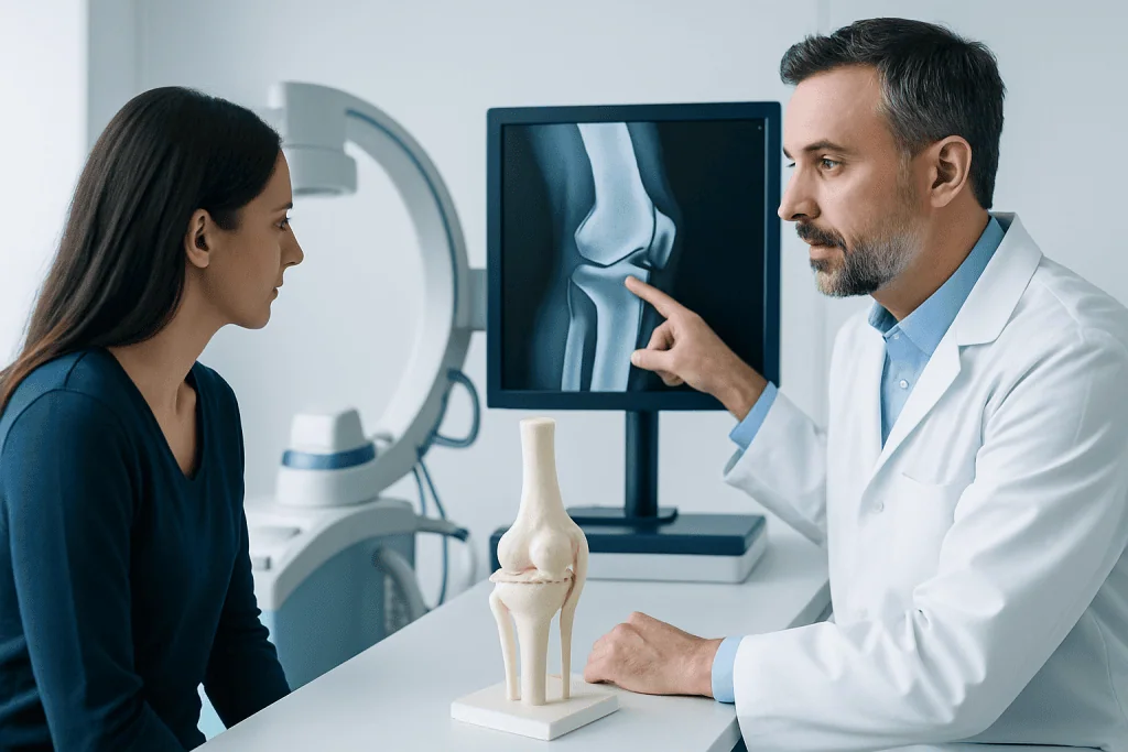 Orthopedic doctor explaining knee X-ray to patient in clinic.