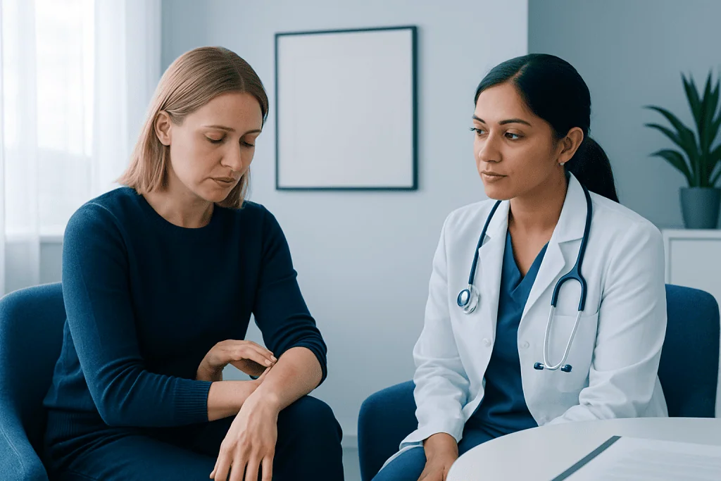 Doctor consulting with a patient about skin infection symptoms in a clinic setting.