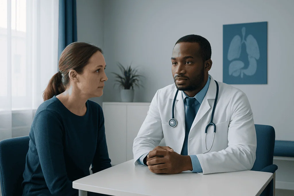 Infectious disease doctor consulting with a patient in a medical office.