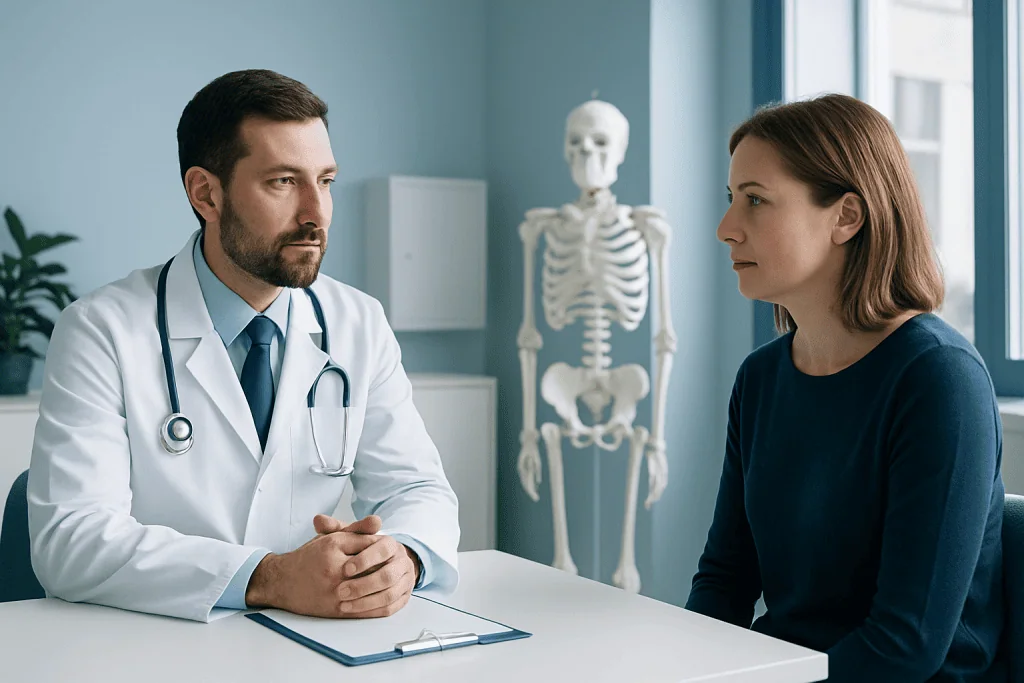 Orthopedic consultation with doctor and patient in clinic setting.