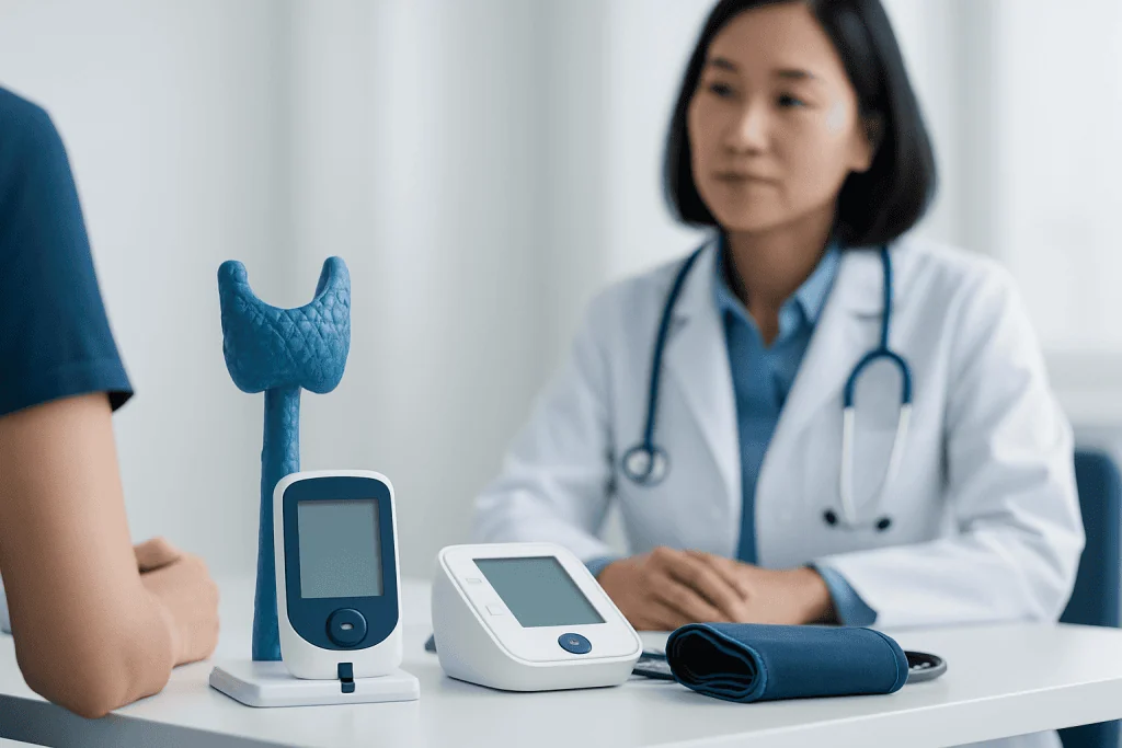 Endocrinologist consulting with patient about thyroid health and treatment options.