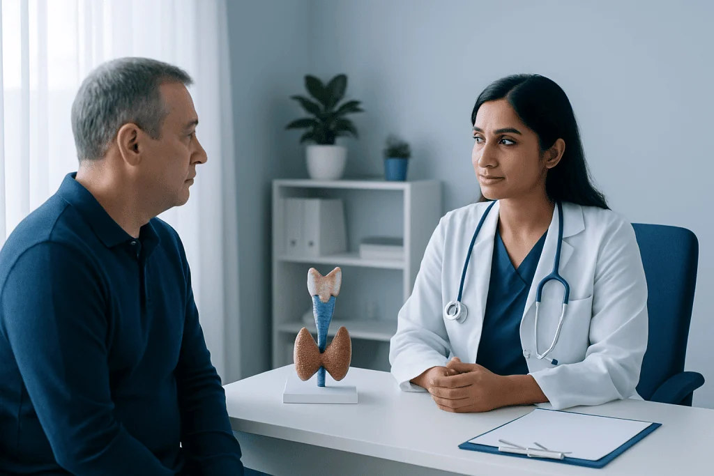 Doctor consulting with patient in a medical office with thyroid model.