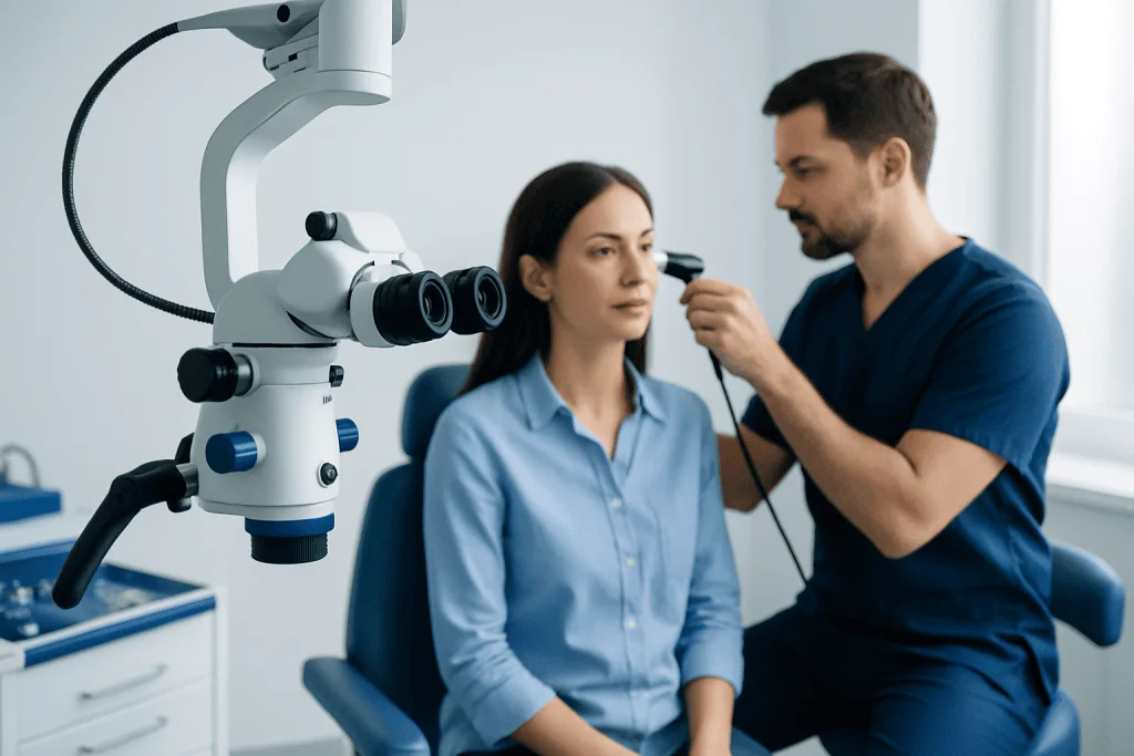 ENT specialist examines patient with otoscope in clinic.