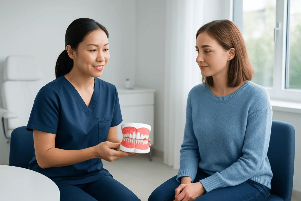 Dentist explaining dental care with model to patient in clinic.
