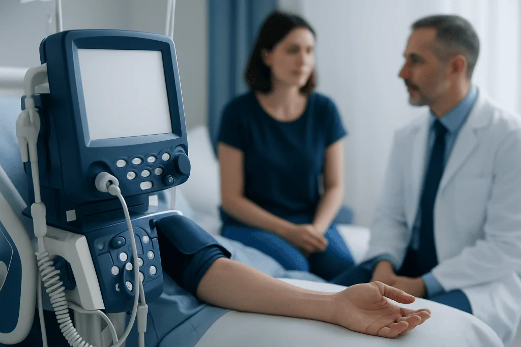 Medical consultation with a patient and doctor in a hospital setting.