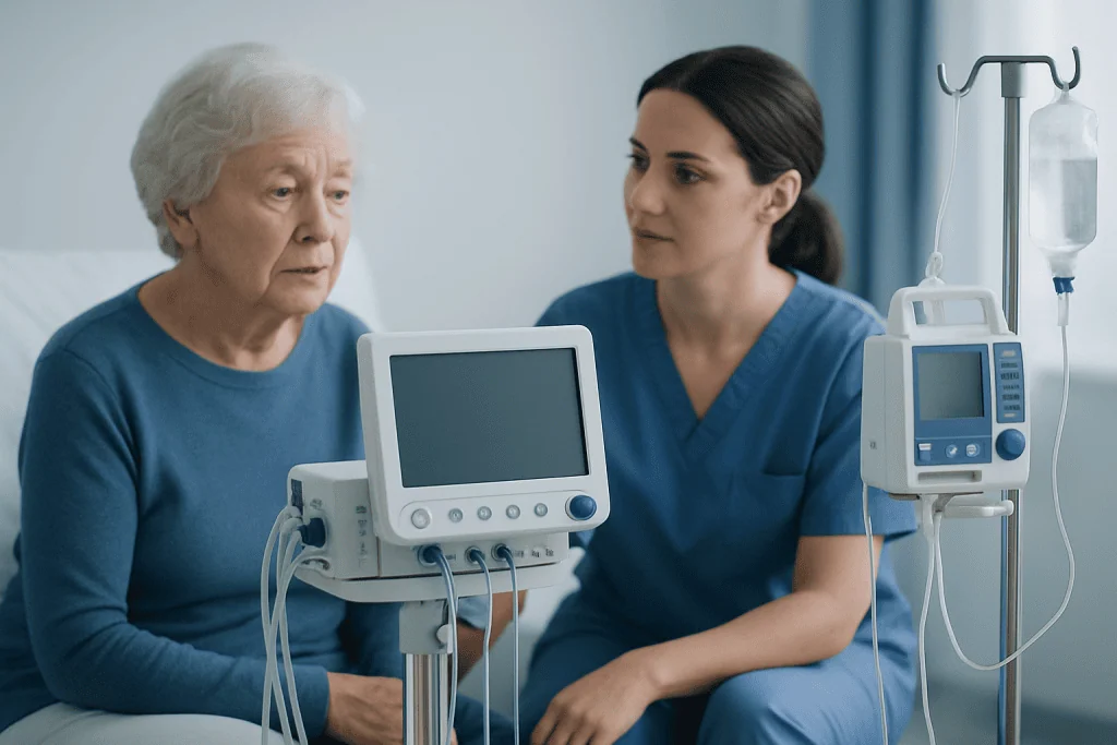Elderly woman with caregiver in hospital room with medical monitors and IV drip.