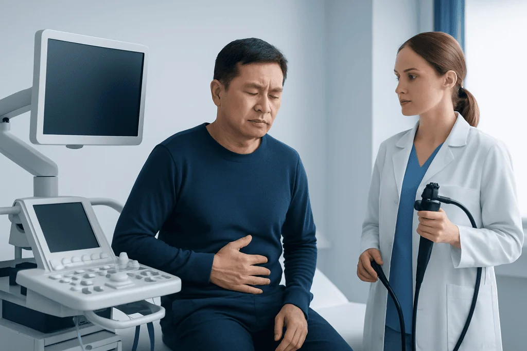Doctor performing an abdominal ultrasound on a male patient in a clinic.