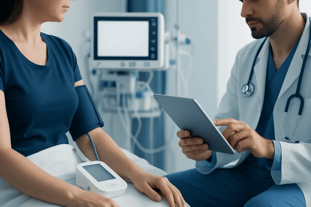 Doctor using tablet to monitor patient with blood pressure cuff in hospital.