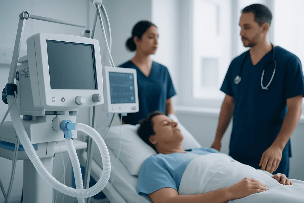 Medical team monitoring patient in hospital bed with ventilator equipment.