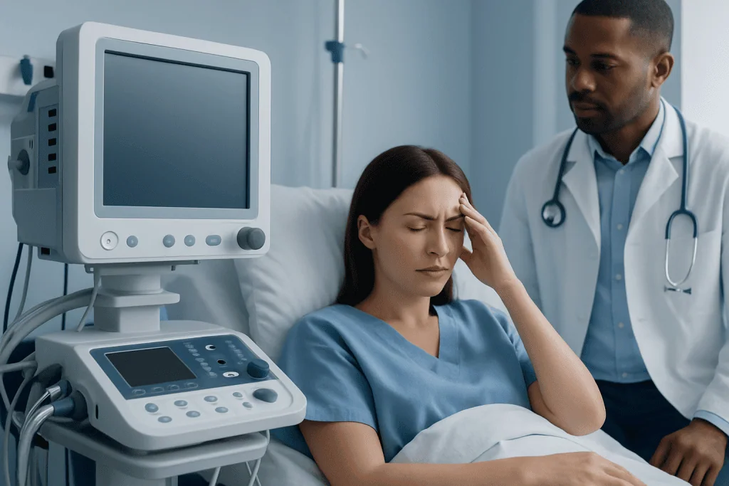 Patient experiencing headache in hospital bed with medical monitor nearby.