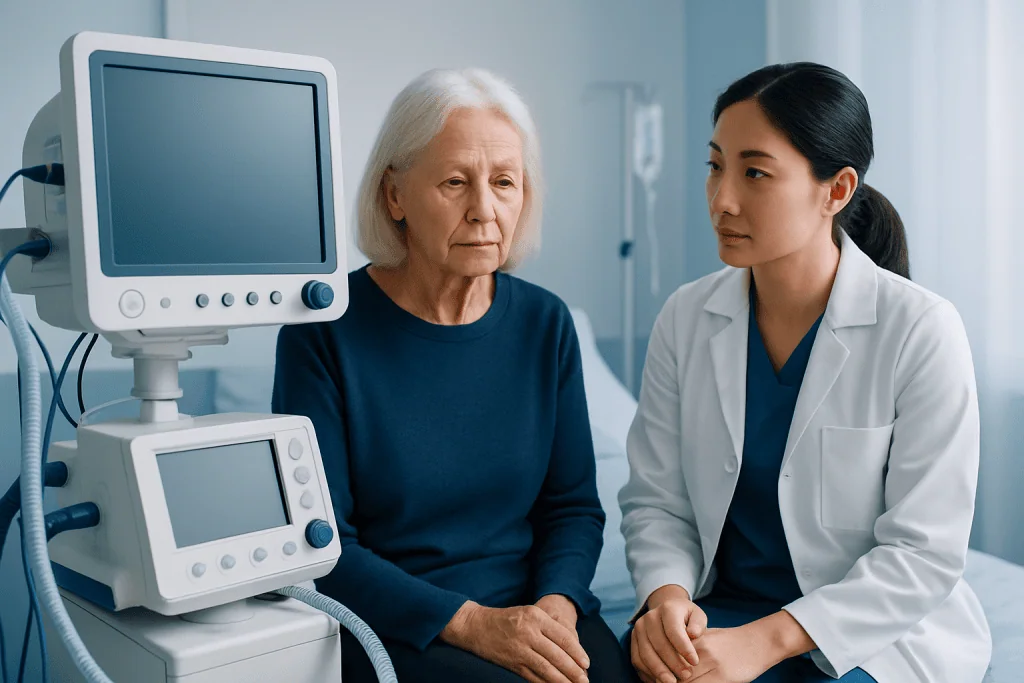 Elderly woman with healthcare professional in a medical consultation room.