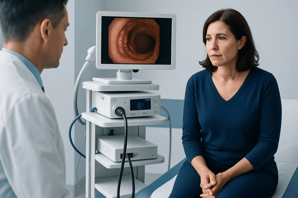 Doctor explains colonoscopy results to a woman patient in a medical clinic.