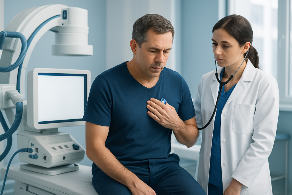 Doctor examining a patient with chest pain using a stethoscope.