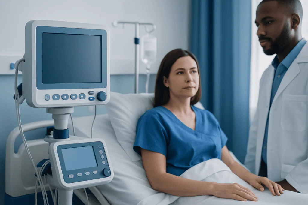Patient in hospital bed with medical monitor and doctor nearby.