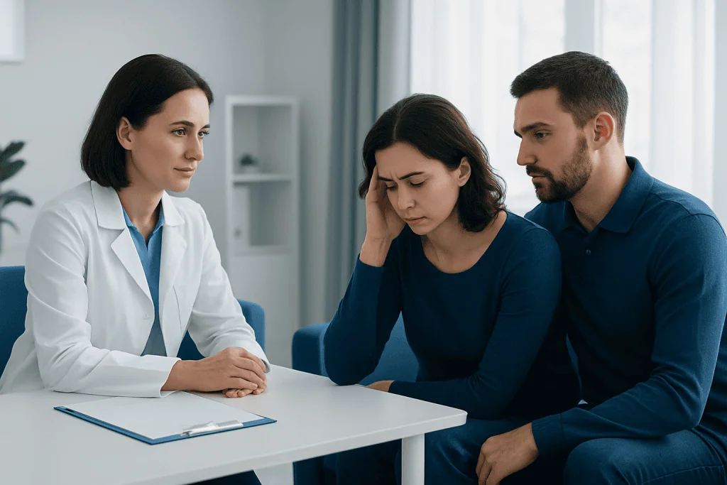 Fertility patient discussing emotional support with doctor during IVF treatment.