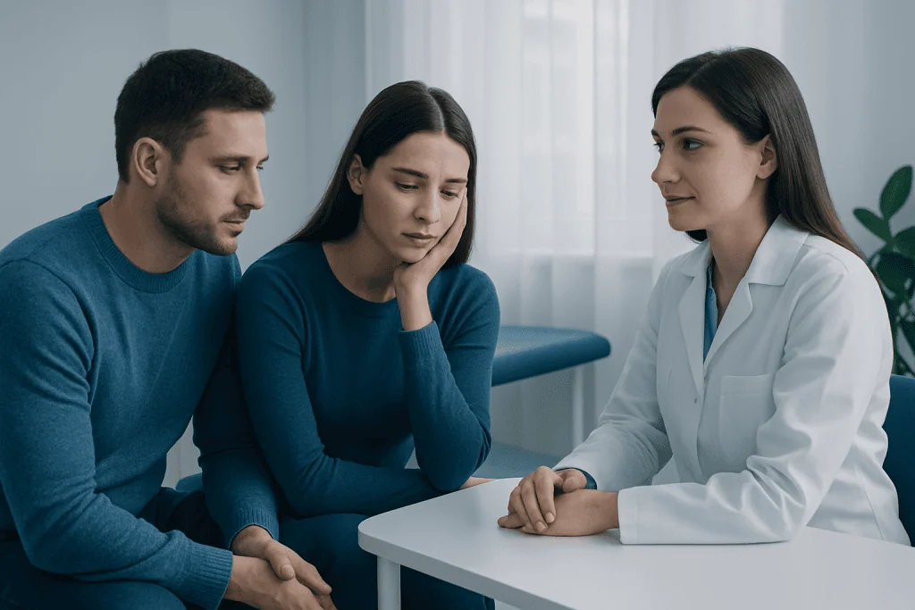 Couple discussing emotional stress with fertility specialist during IVF treatment.