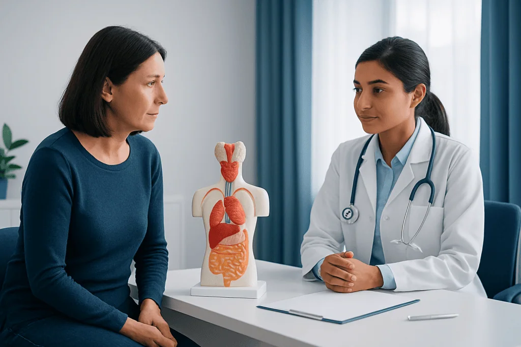 Doctor explaining thyroid health to a patient in a consultation room.