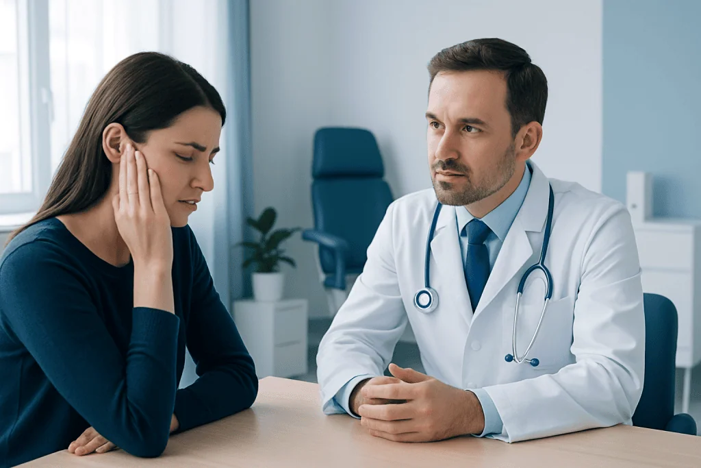 Doctor consulting with a woman experiencing ear pain in a medical office.
