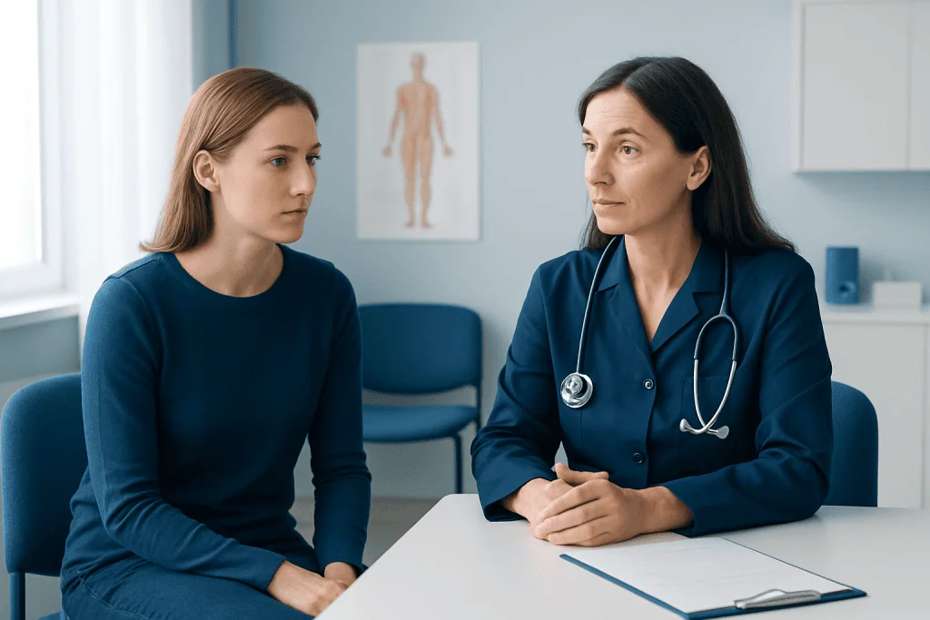 Doctor consulting with a young female patient in a medical office.
