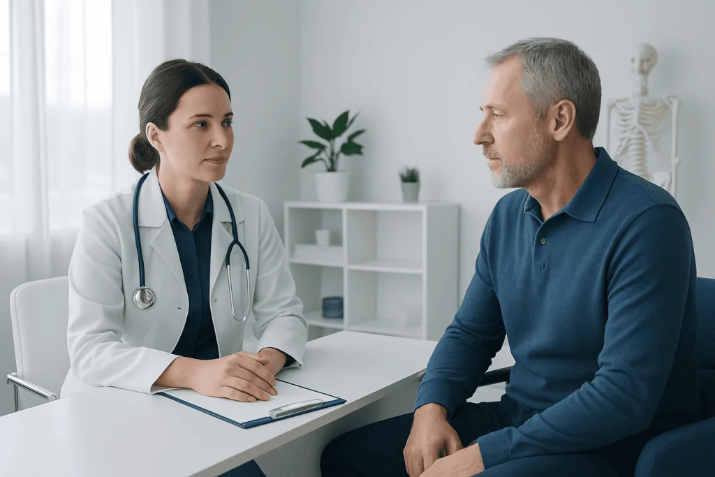 Doctor consulting with a male patient in a medical office.