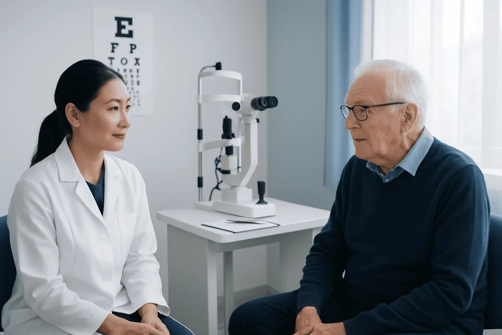 Optometrist consulting with an elderly patient in a modern eye care clinic.
