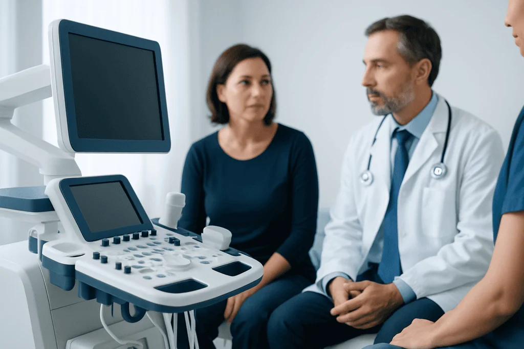 Doctor explaining ultrasound results to a patient in a medical consultation room.